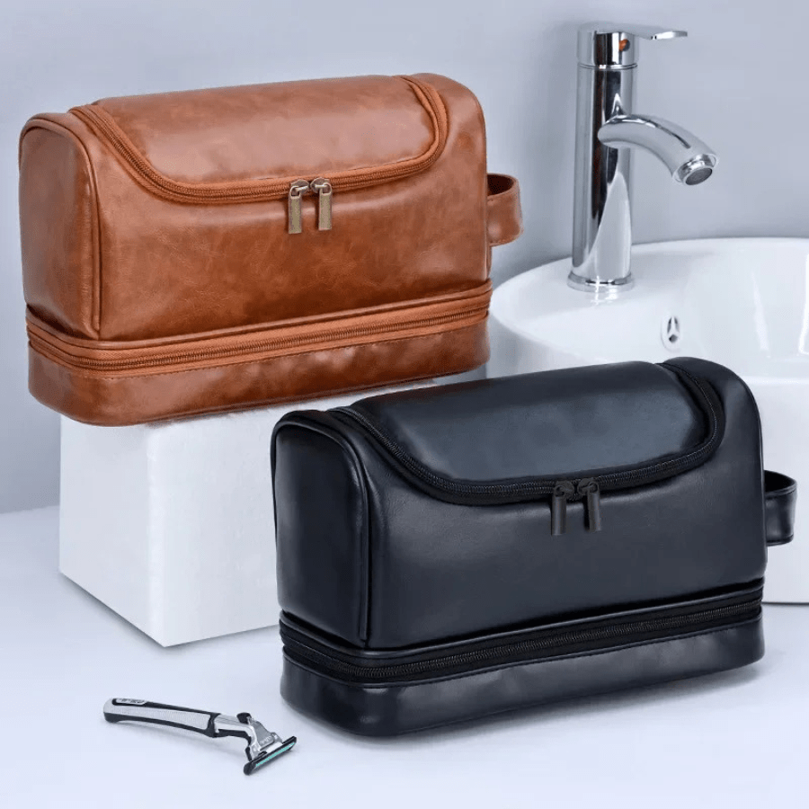 trousse de toilette homme en cuir marron et noir double couche