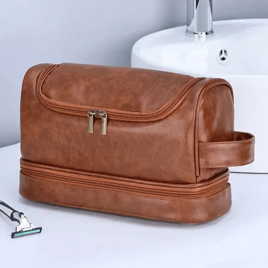 trousse de toilette homme luxe en cuir pu marron