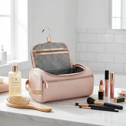 trousse de toilette luxe femme cuir dans salle de bain