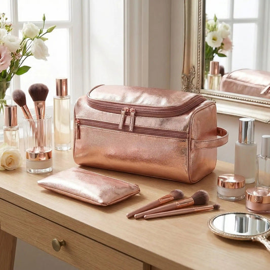 Trousse de toilette luxe femme cuir pu rose scintillant avec cosmétique