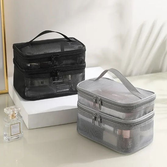 Trousse de toilette  Maille grise t noir transparent - La trousse Beauté