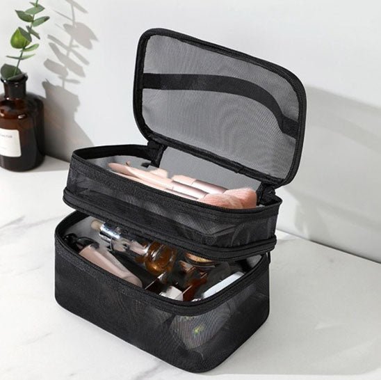 Trousse de toilette maille noir deux étages transparent