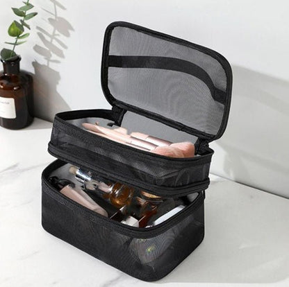 Trousse de toilette maille noir deux étages transparent