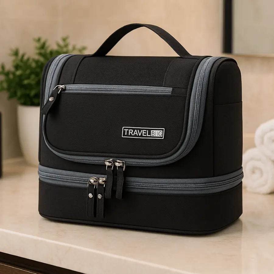 Trousse de toilette noir avec poignée dessus et fermeture éclair
