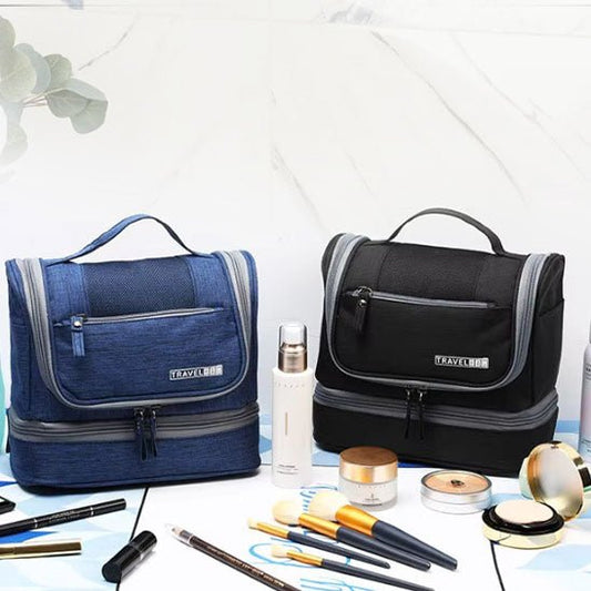Trousse de Toilette bleu et noir avec cosmétique sur une table Multifonctionnelle - La trousse Beauté