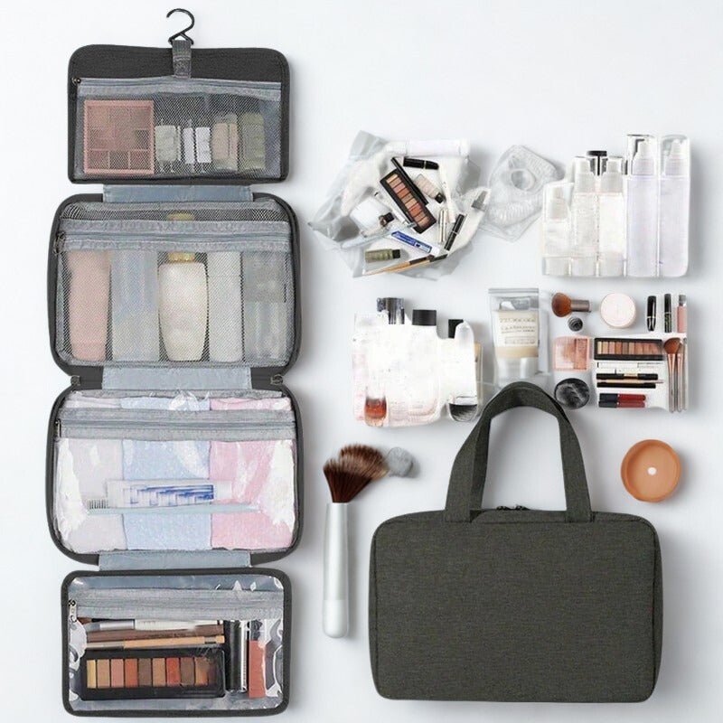 Trousse de toilette grise avec crochet à suspendre compartiments de rangement