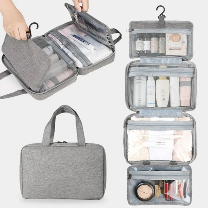 Trousse de toilette gris pliante avec crochet suspension - La trousse Beauté