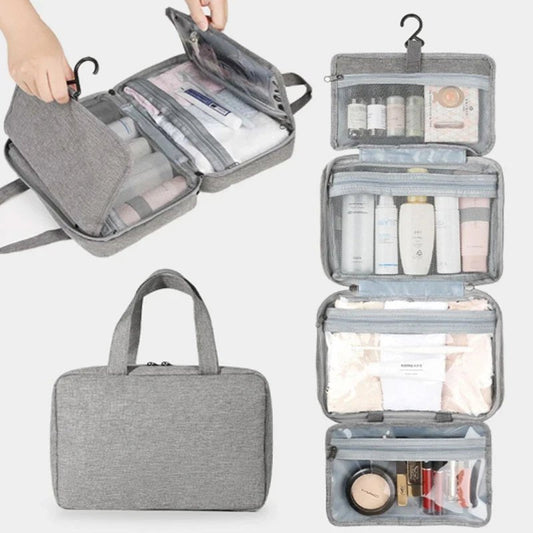 Trousse de toilette gris pliante avec crochet suspension - La trousse Beauté