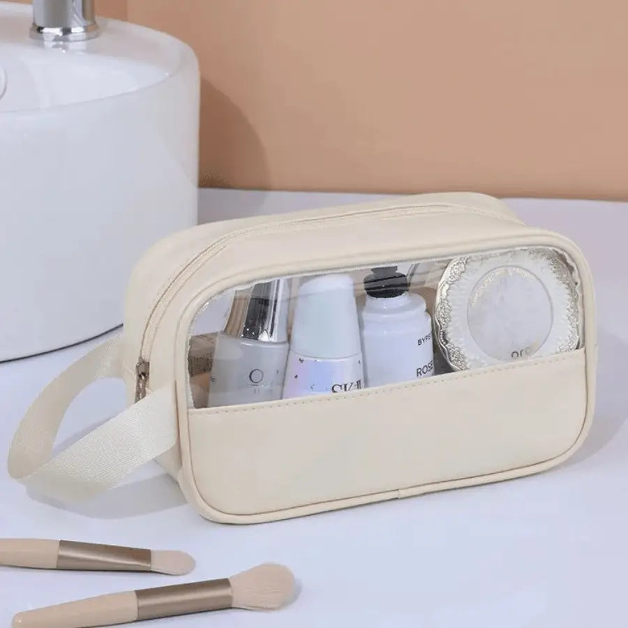 Trousse de toilette pour voyager format moyen en plastique beige 