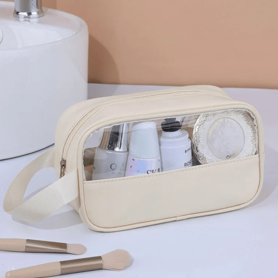 Trousse de toilette pour voyager format moyen en plastique beige 