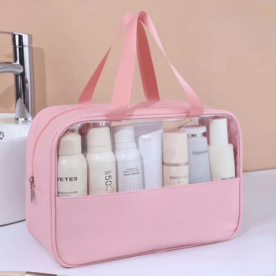 Trousse de toilette pour voyager rose en plastique avec grande poignée