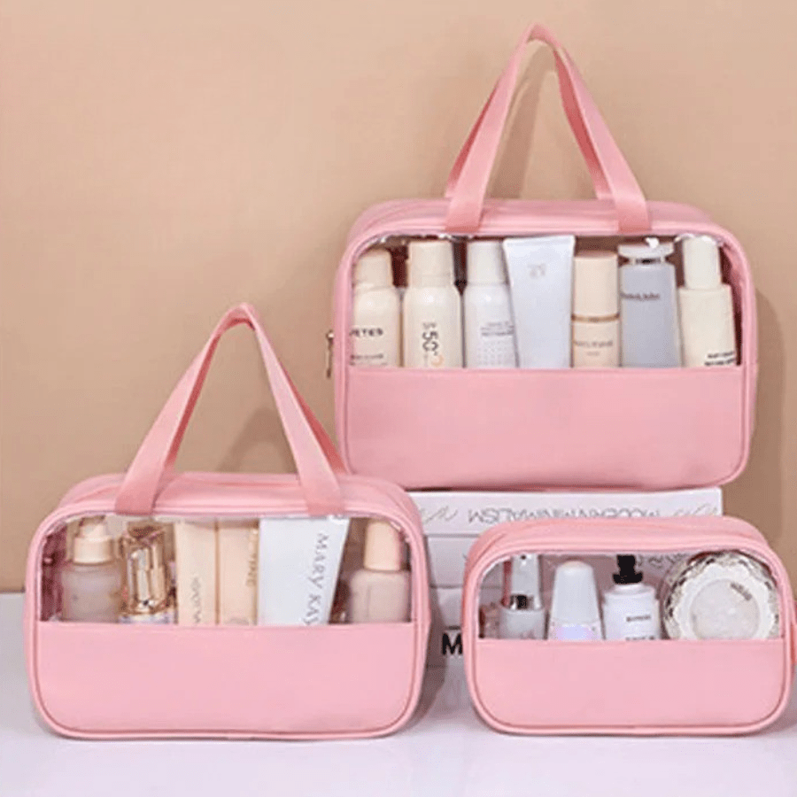 Trousse de toilette pour voyager rose format différent en plastique