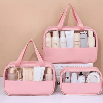 Trousse de toilette pour voyager rose format différent en plastique