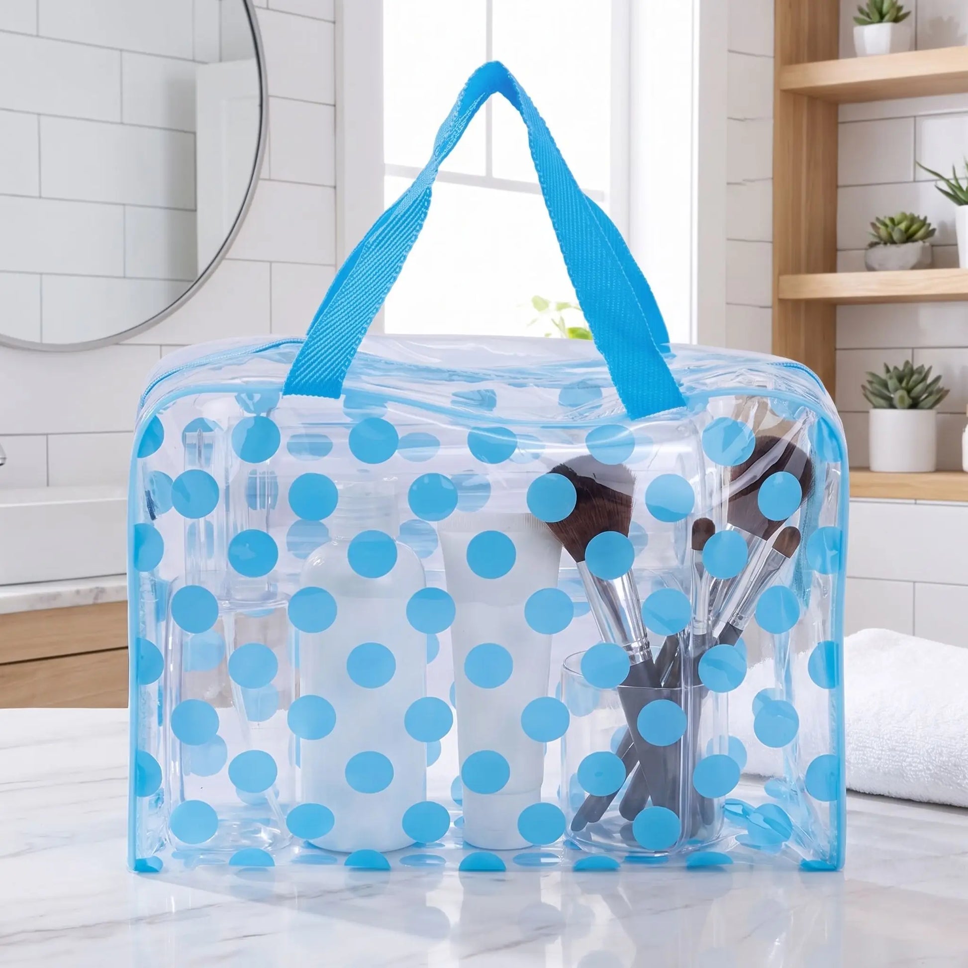 trousse de toilette transparente à pois bleu en pvc