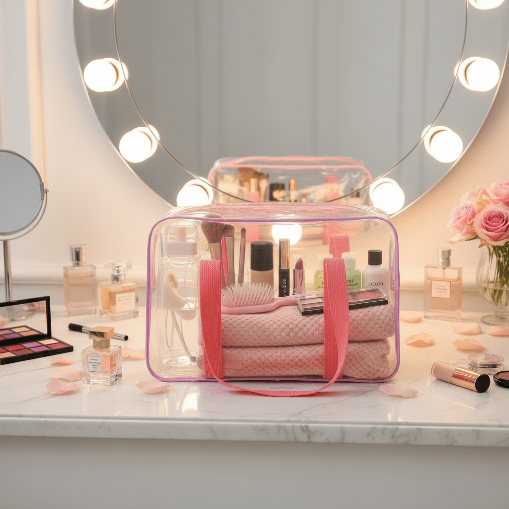 trousse de toilette transparente grande sur bureau