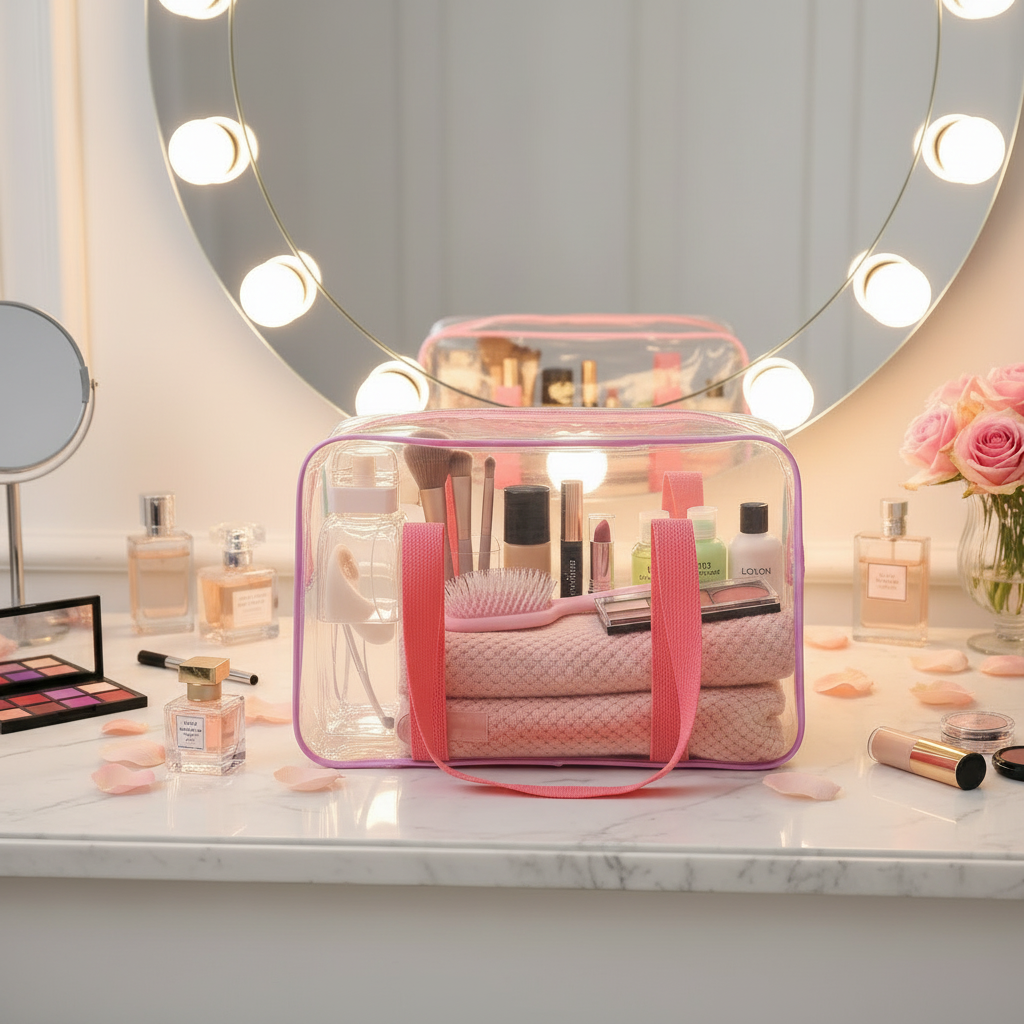 trousse de toilette transparente grande sur bureau