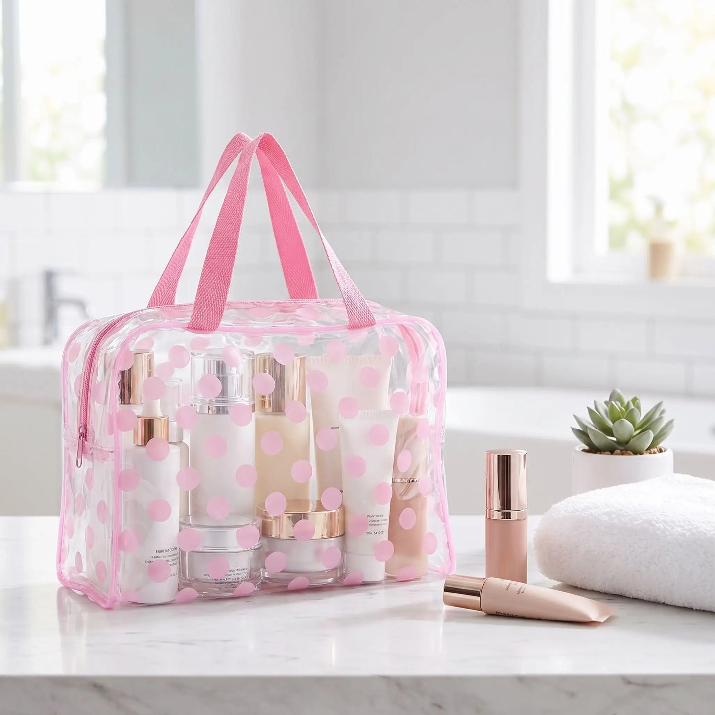 trousse de toilette transparente pois rose en pvc