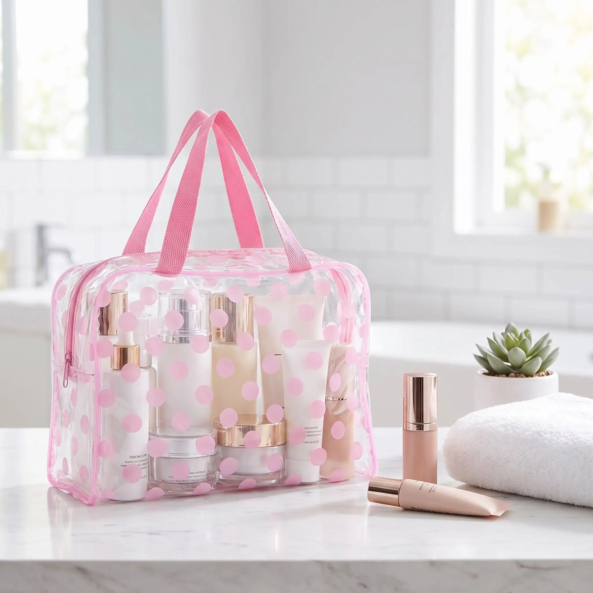 trousse de toilette transparente pois rose en pvc
