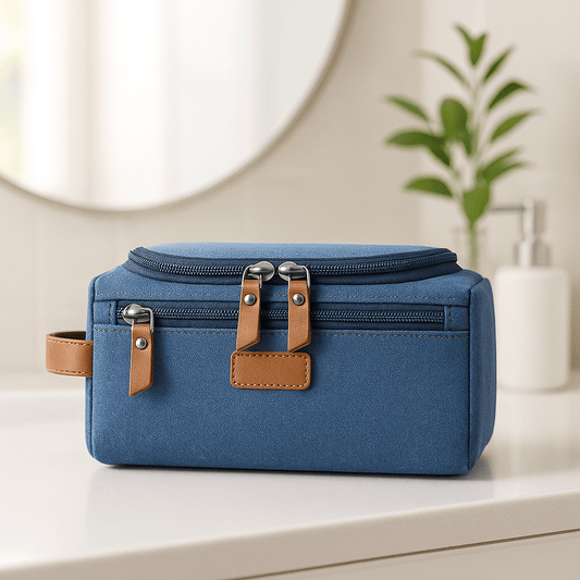 trousse de toilette bleu avec poignée cuir marron