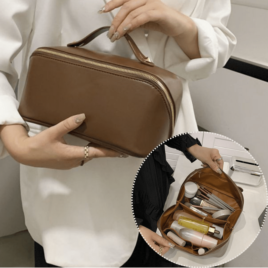 Trousse de toilette marron Voyage en cuir grande ouverture- La trousse Beauté