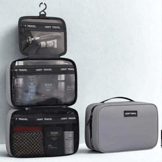 trousse de toilette voyage homme gris avec crochet trois pochettes