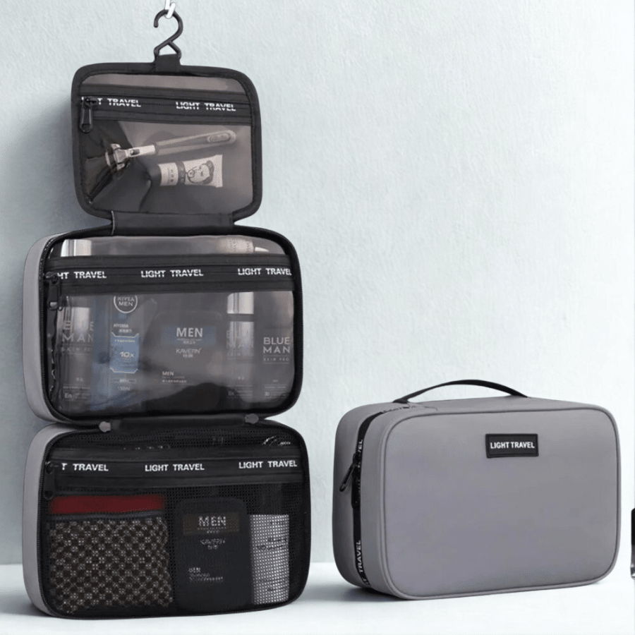 trousse de toilette voyage homme gris avec crochet trois pochettes