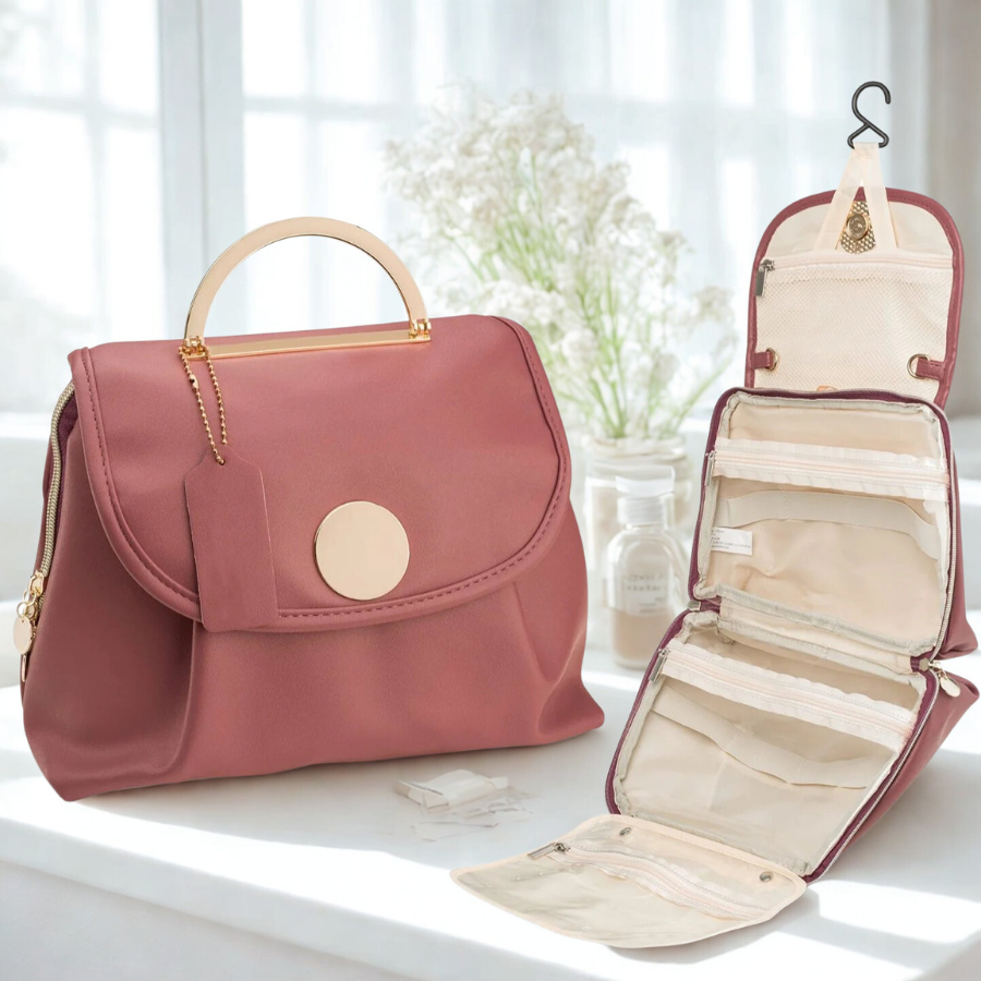 trousse de toilette rose en cuir