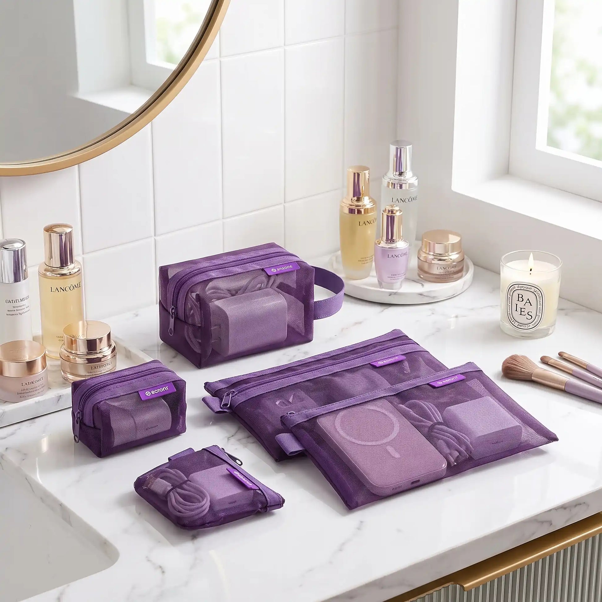 trousse de toilettevoayge violet en maille tansparente