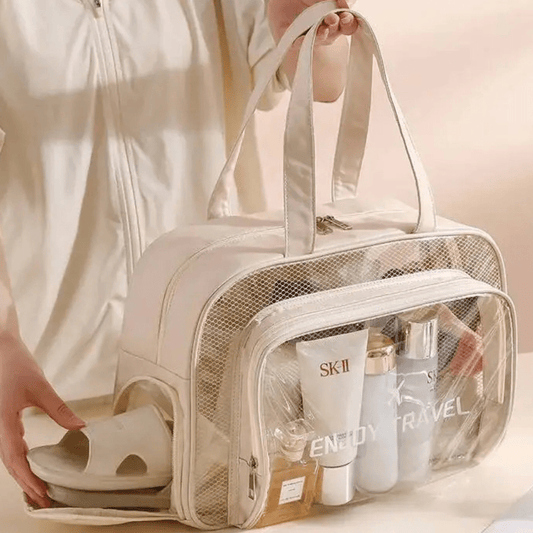 trousse de voyage beige en plastique transparent