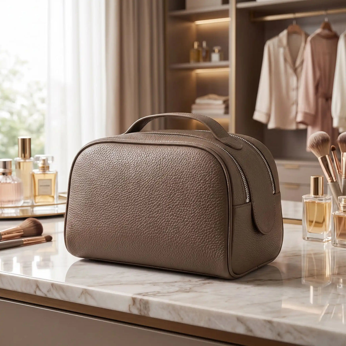 trousse maquillage cuir café