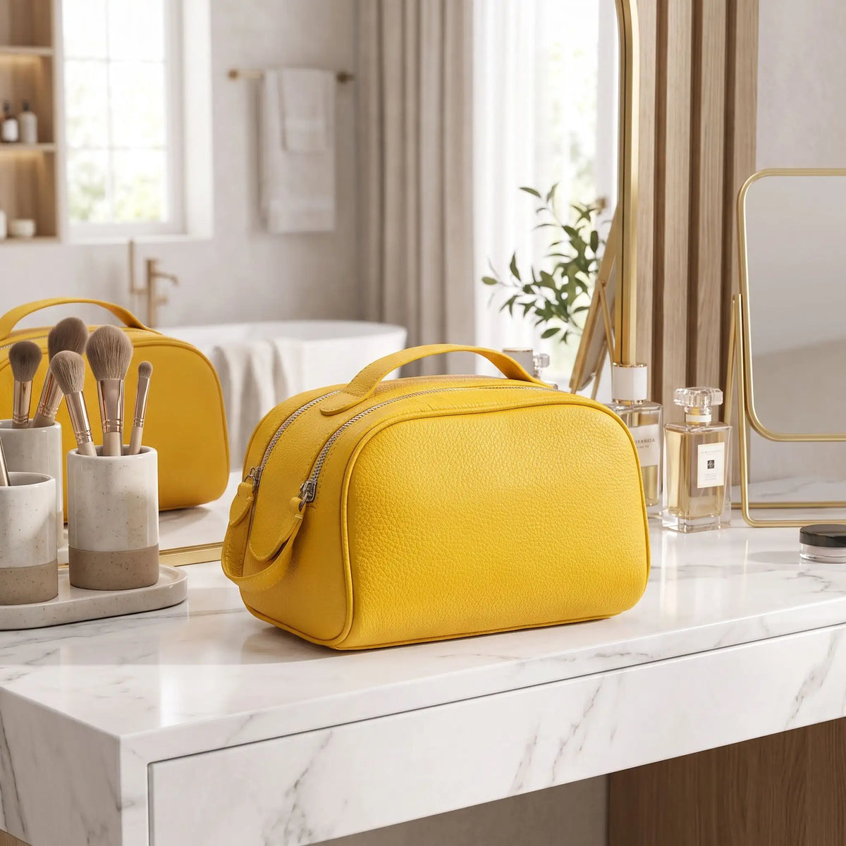 trousse maquillage cuir jaune