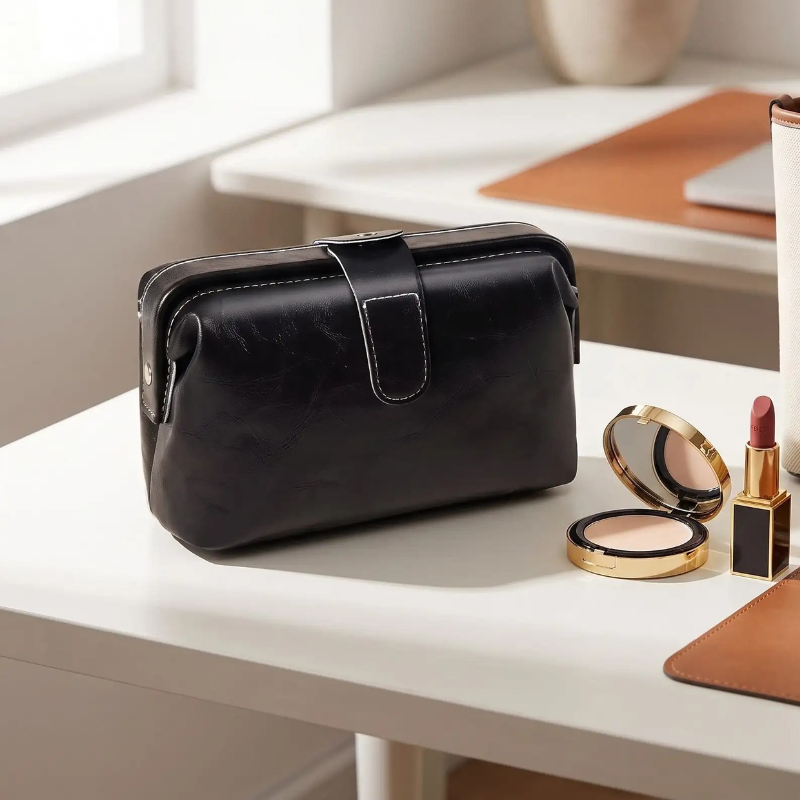 trousse maquillage cuir noir vintage