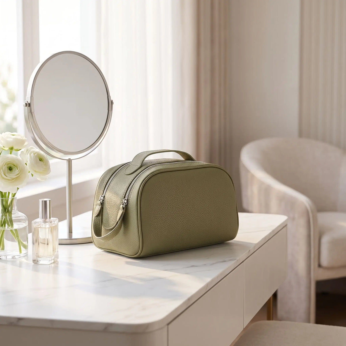 trousse maquillage cuir verte