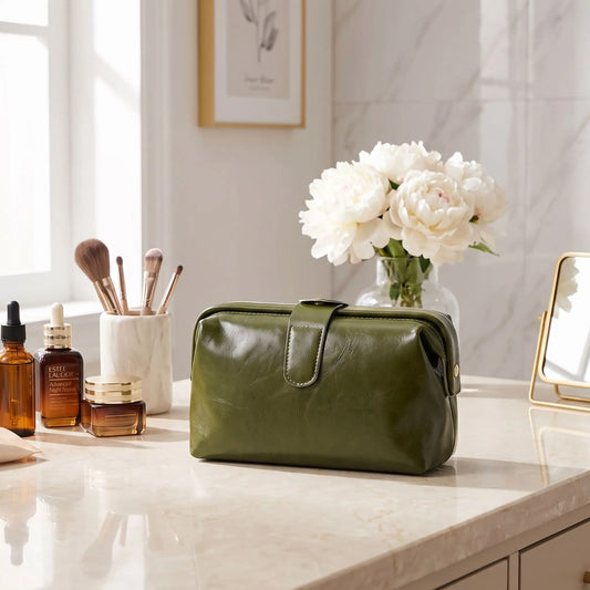 trousse maquillage cuir verte