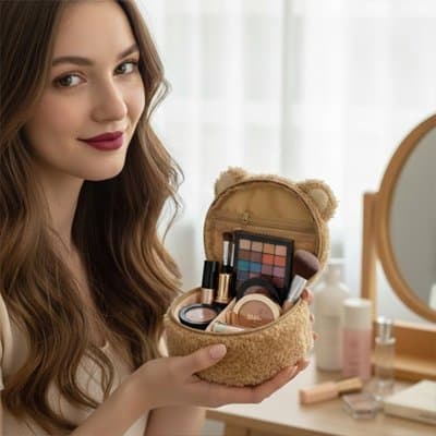 Trousse maquillage fille qui montre sa tousse