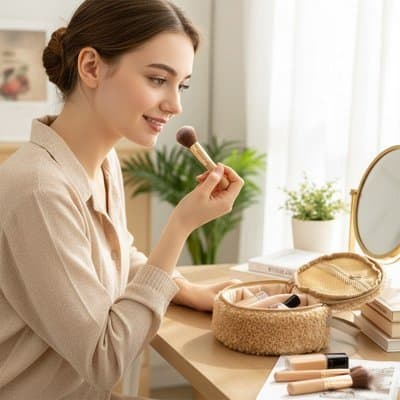 Trousse maquillage jeune femme qui se maquillage