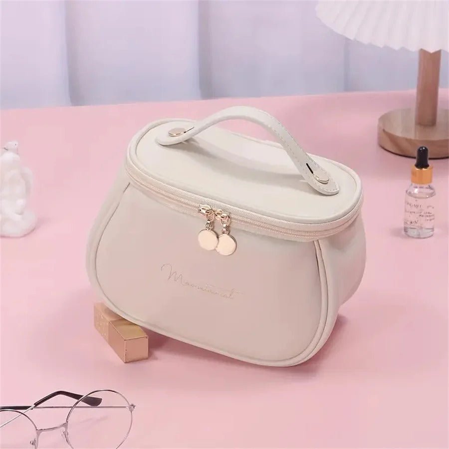 Trousse maquillage blanc en cuir pu poignée dessus