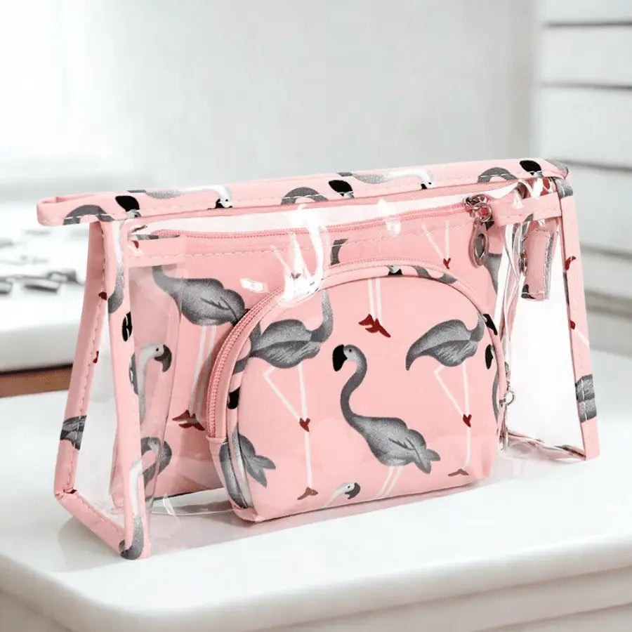 trousses maquillage avec motif flamant rose et gris