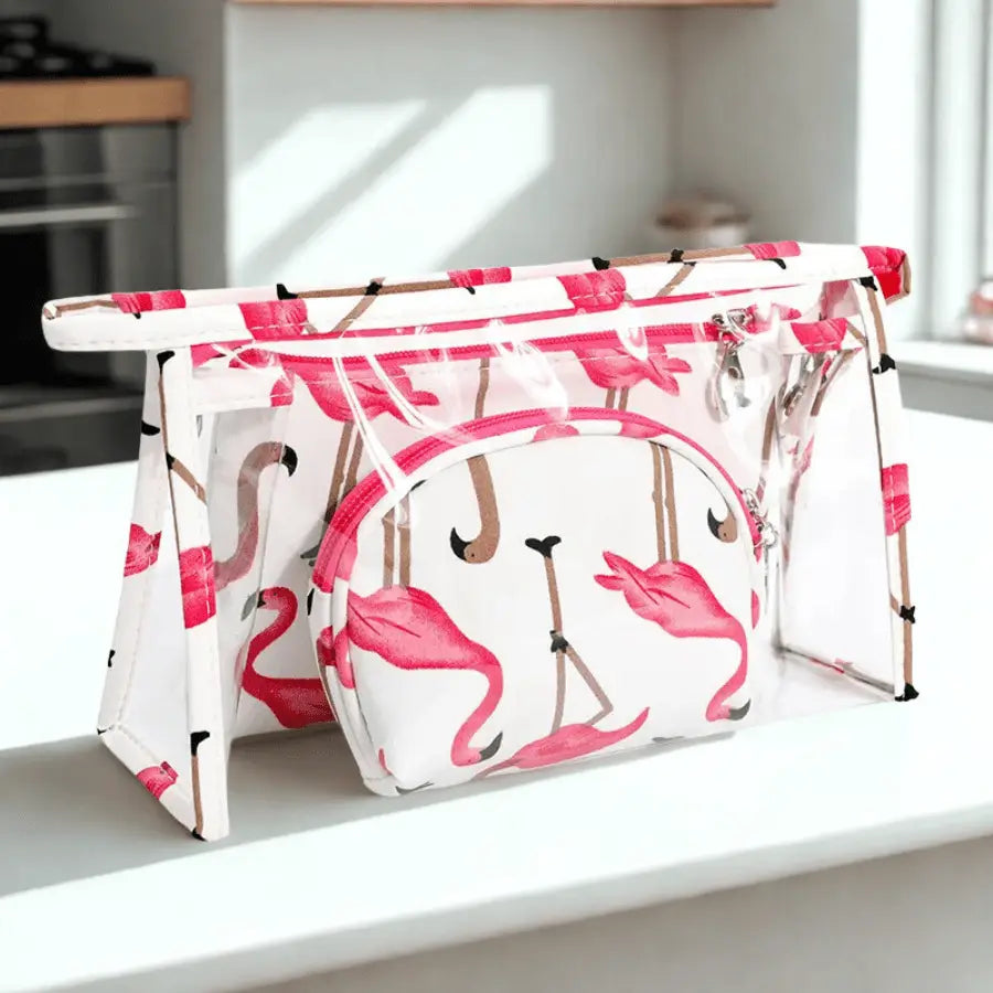 trousses maquillage blanche avec motif flamant rose