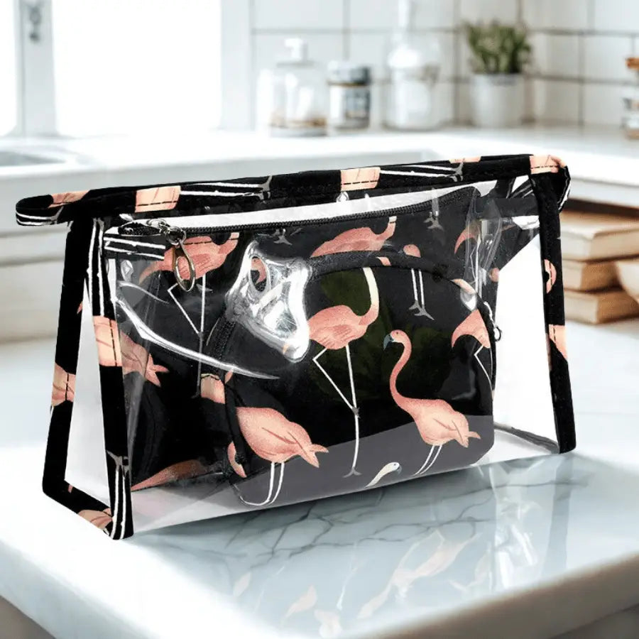 Trousse  maquillage noir avec motif flamant rose