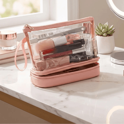 trousse maquillage transparente rose en pvc