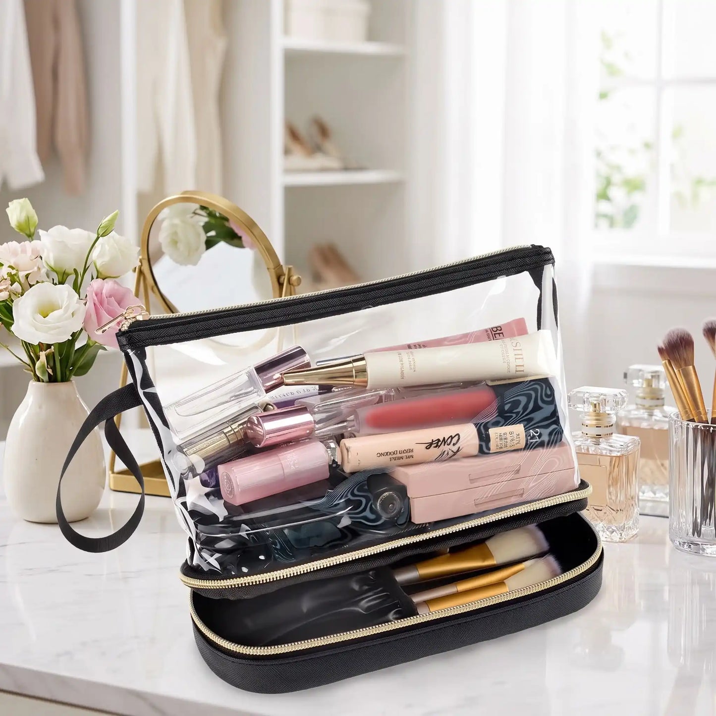 trousse maquillage transparente noir en pvc double fond