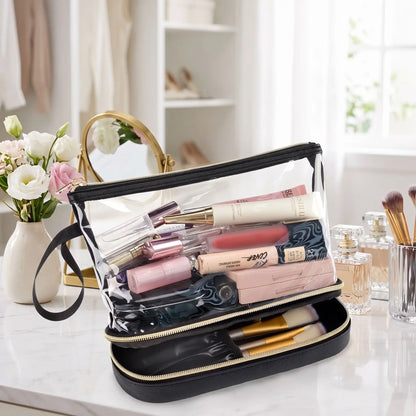 trousse maquillage transparente noir en pvc double fond
