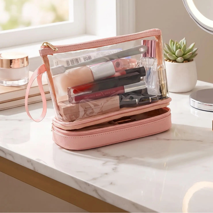 trousse maquillage transparente rose en pvc