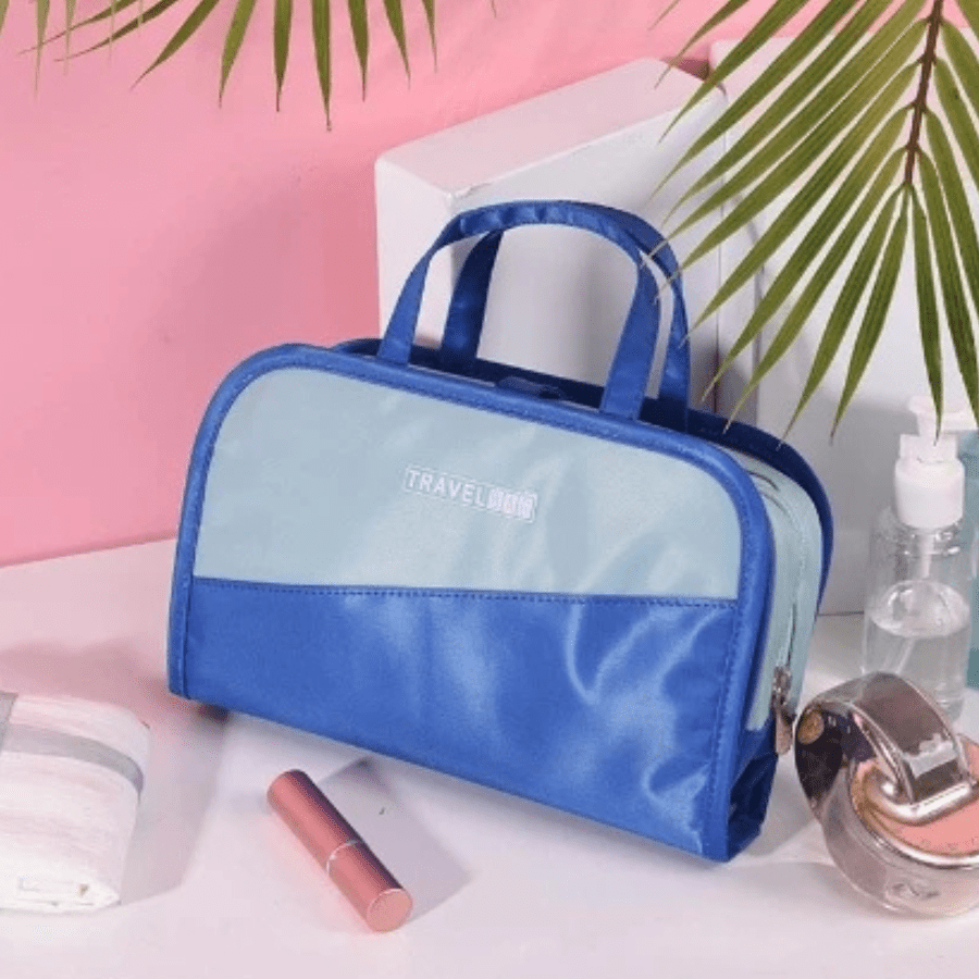 trousse maquillage voyage bleu avec poignée