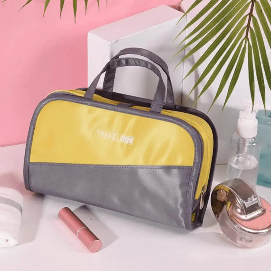 trousse maquillage voyage jaune gris avec poignée