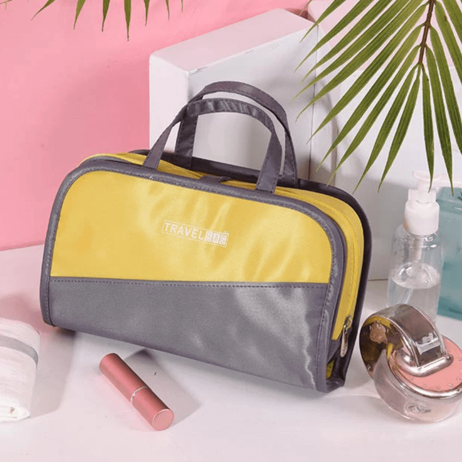 trousse maquillage voyage jaune gris avec poignée