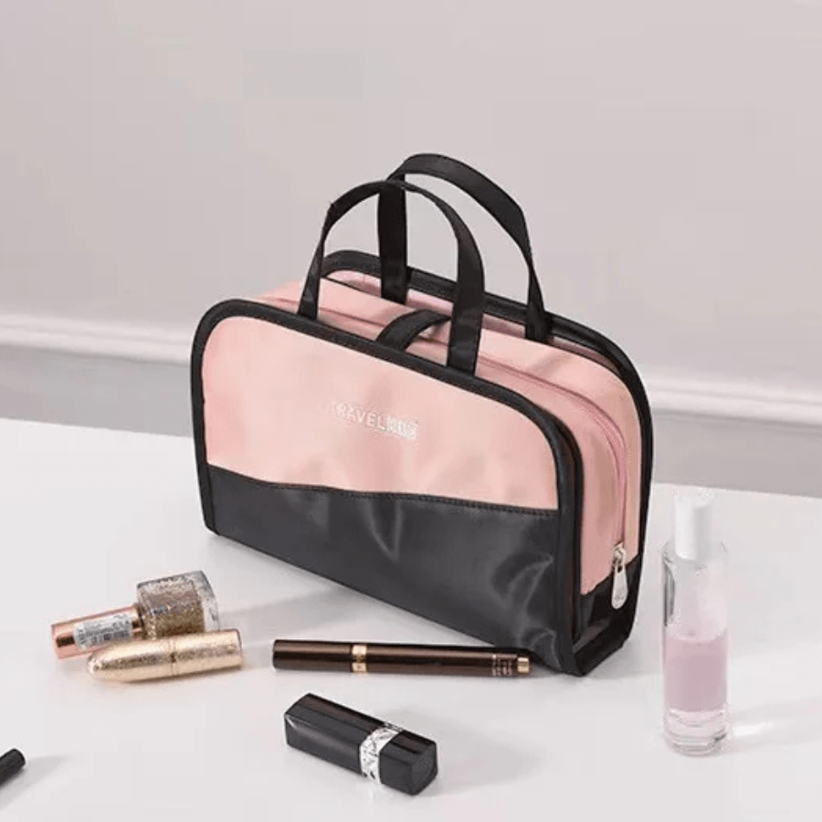 trousse maquillage voyage rose noir avec poignée