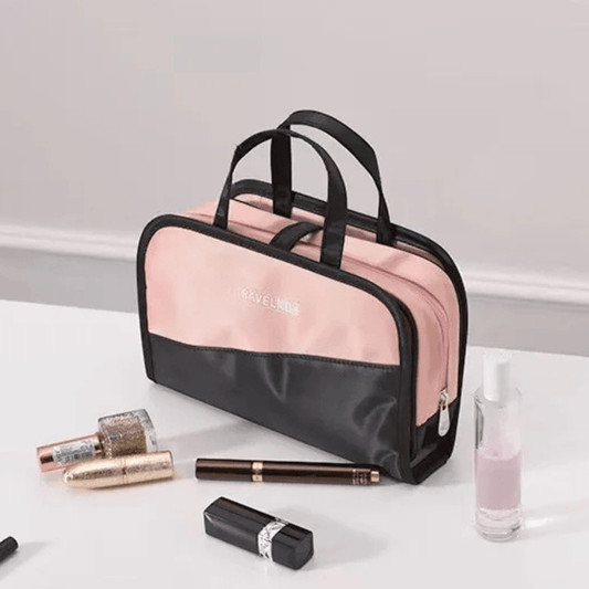 trousse maquillage voyage rose noir avec poignée