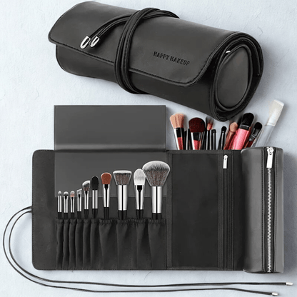 trousse pinceau maquillage cuir noir enroulable